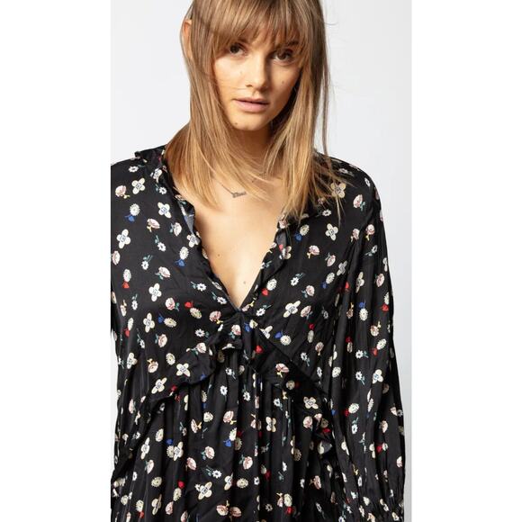 Zadig & Voltaire Reacty Floral Print Long Sleeve Ruffle Embroidered Dress XS - Picture 2 of 9